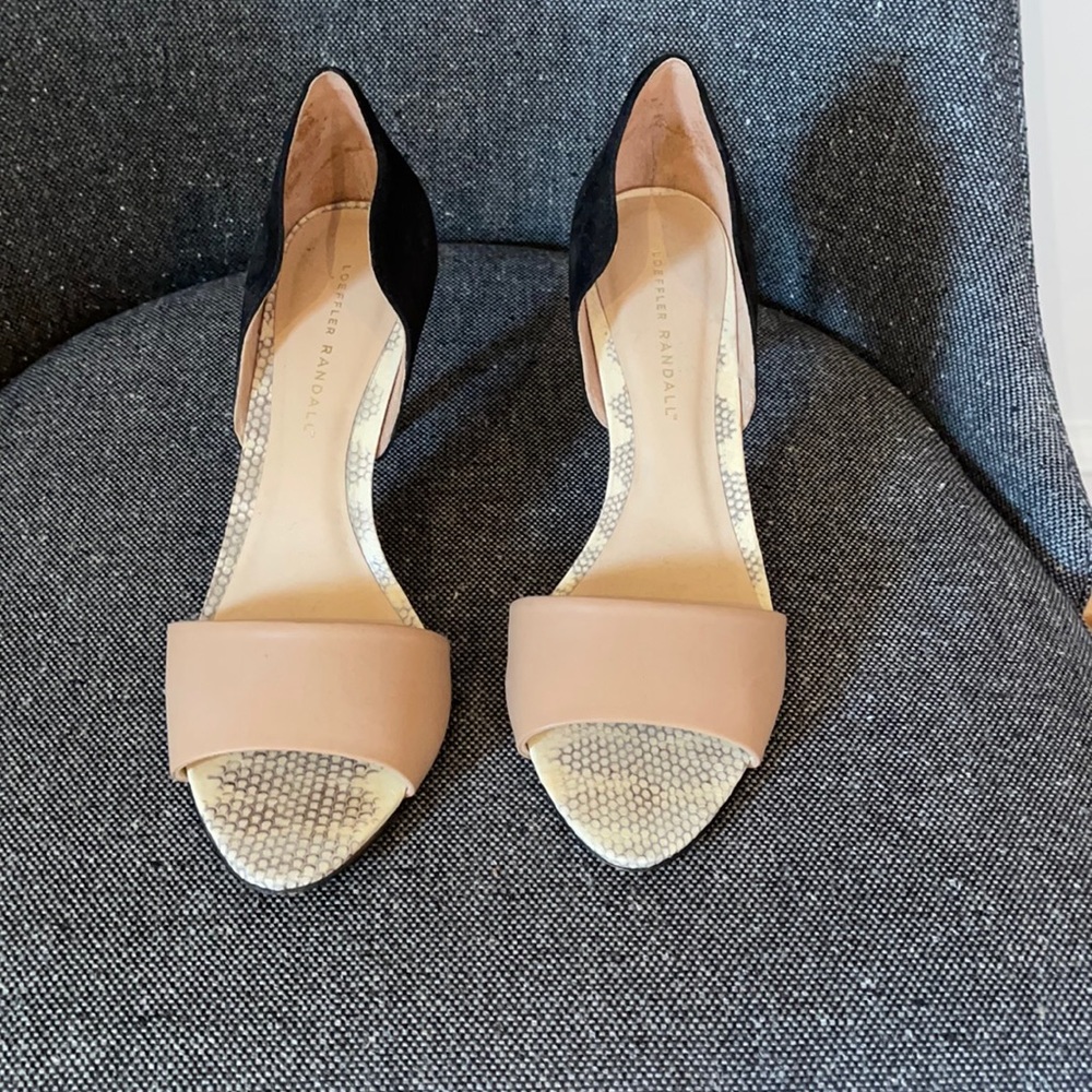 Loeffler Randal black and tan open-toed heels